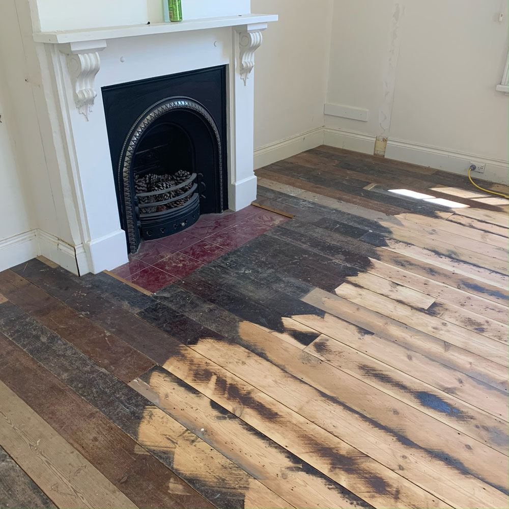 Timber floor sanding in progress in Glenelg home